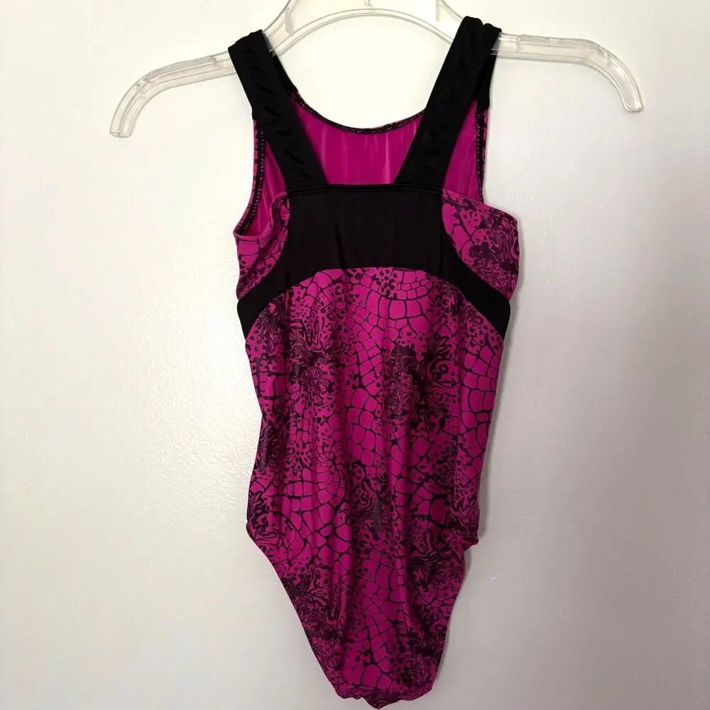 GK Elite Gymnastics Leotard Child Large CL Pink Black Foil Print Athletic  #16